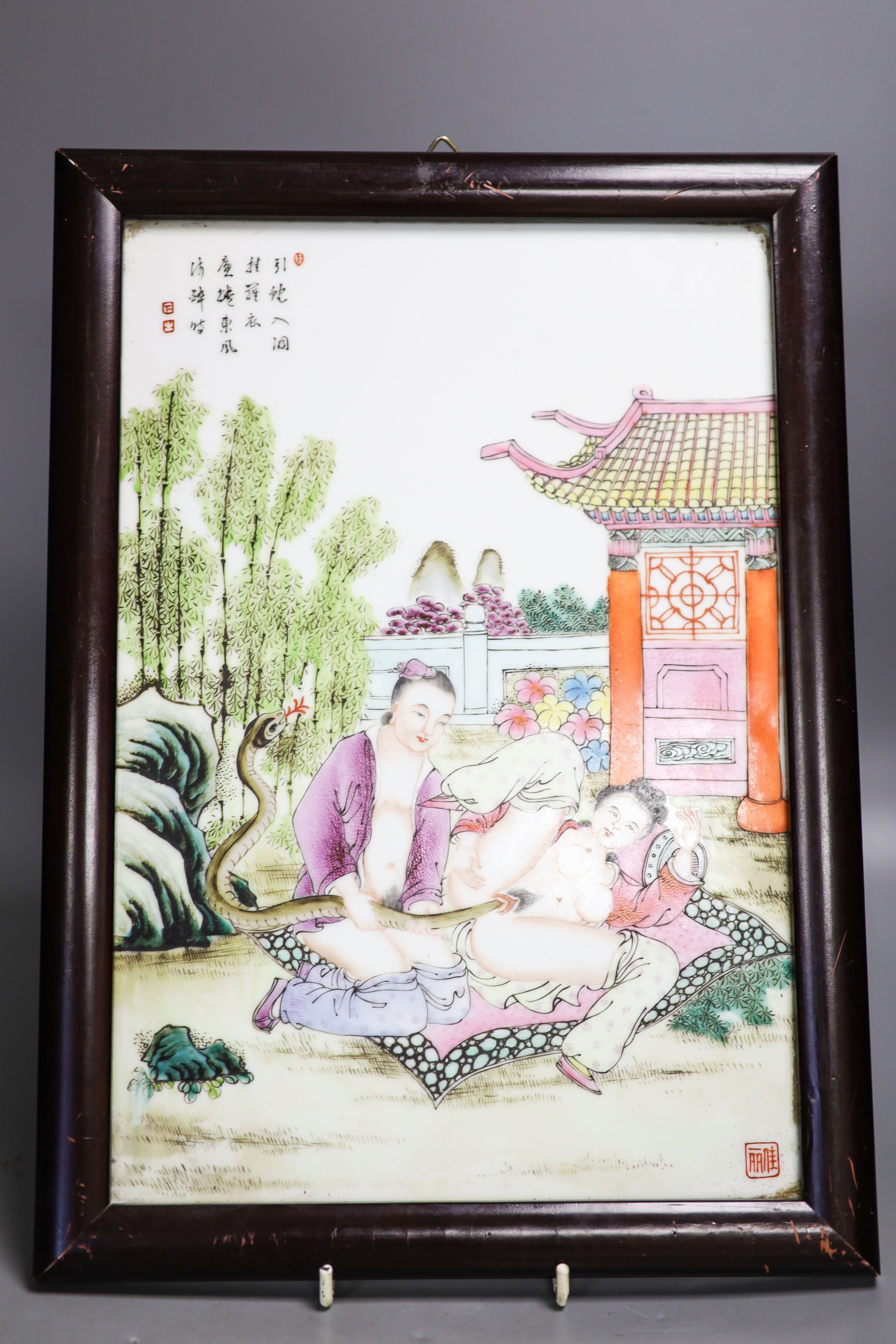 A part set of eleven framed Chinese porcelain plaques, zodiac erotic subjects 36x24cm